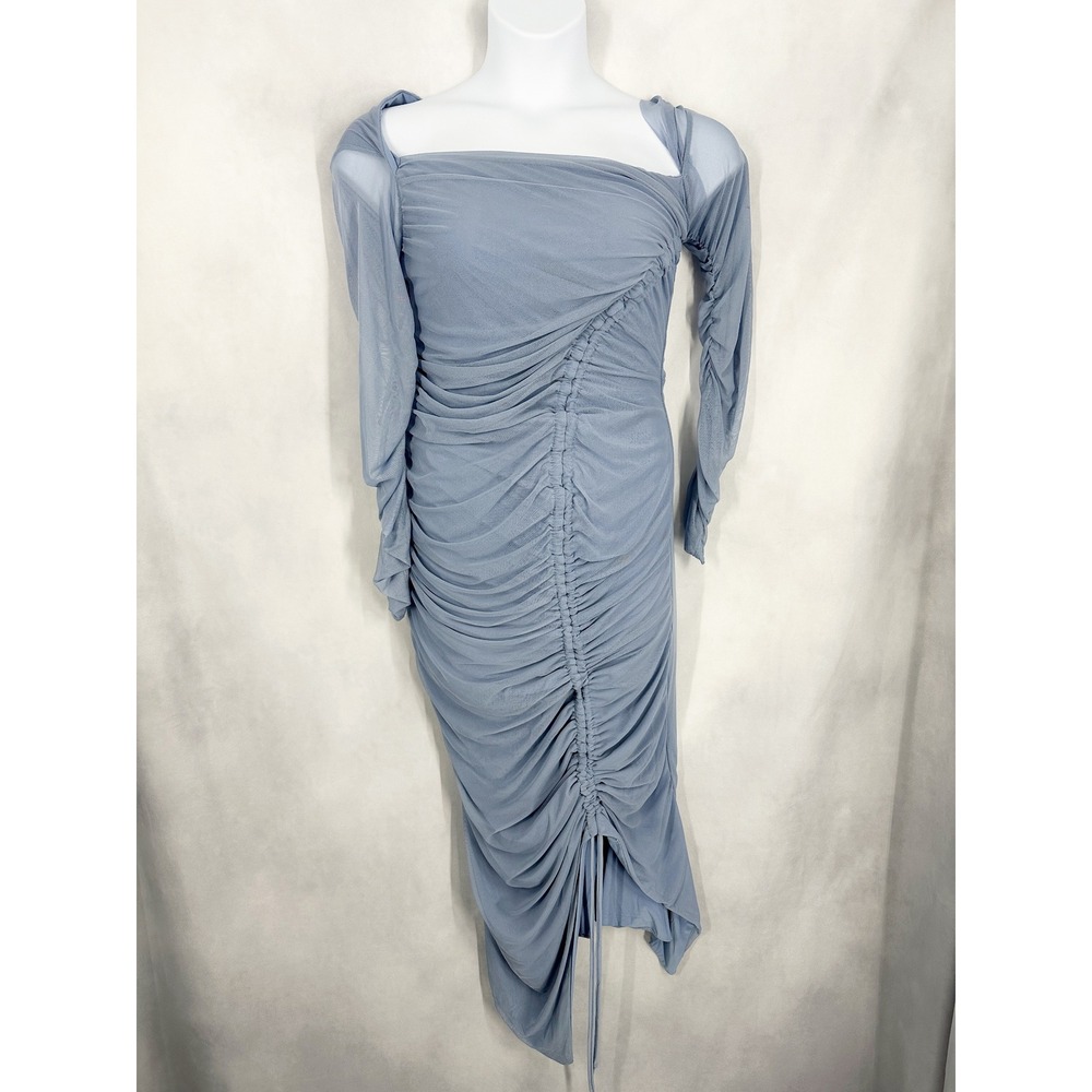 Club L London Maternity Blue Ruched Asymmetrical Mesh Midi Dress Size 10 Glam - Picture 2 of 9